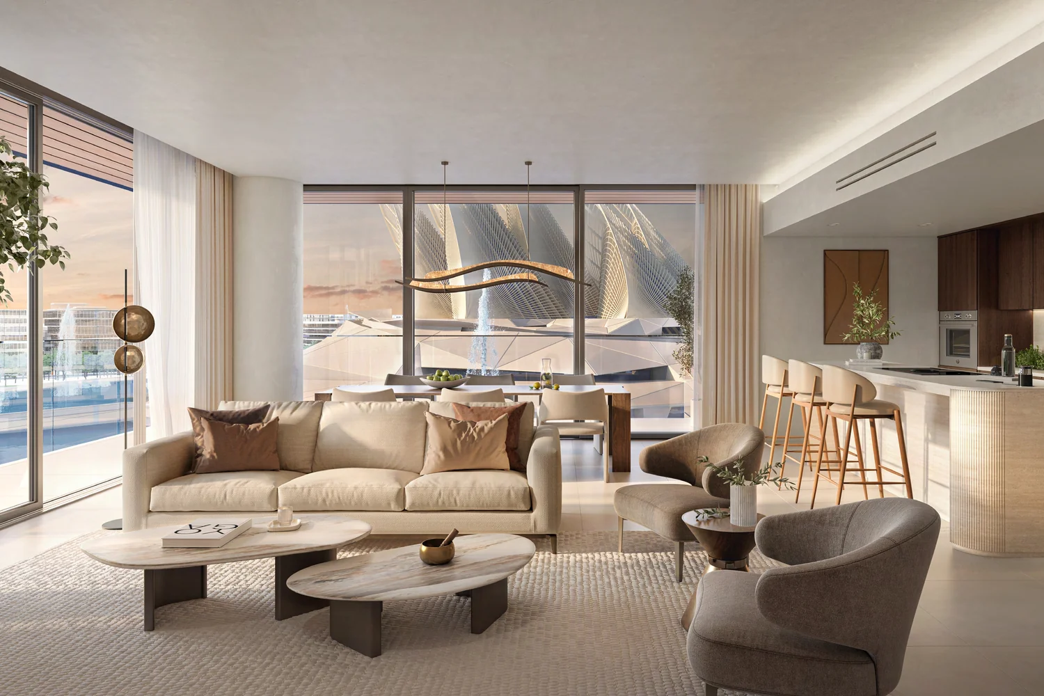 a living room with a couch and chairs