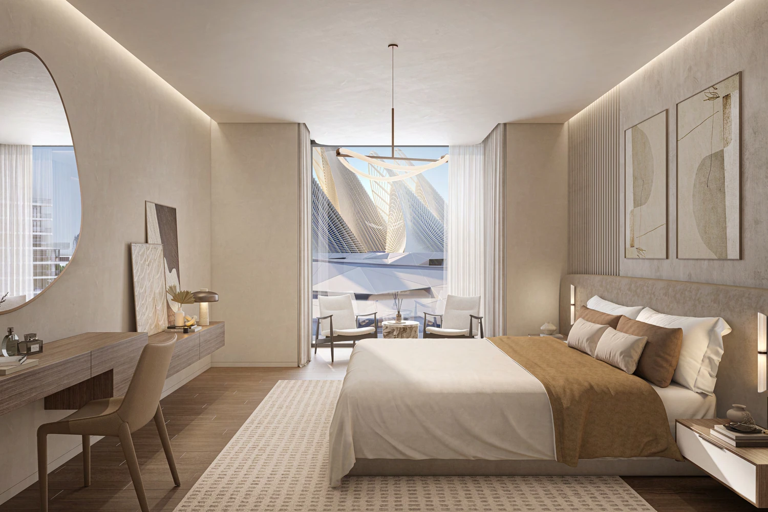 a bedroom with a bed and a table and chairs